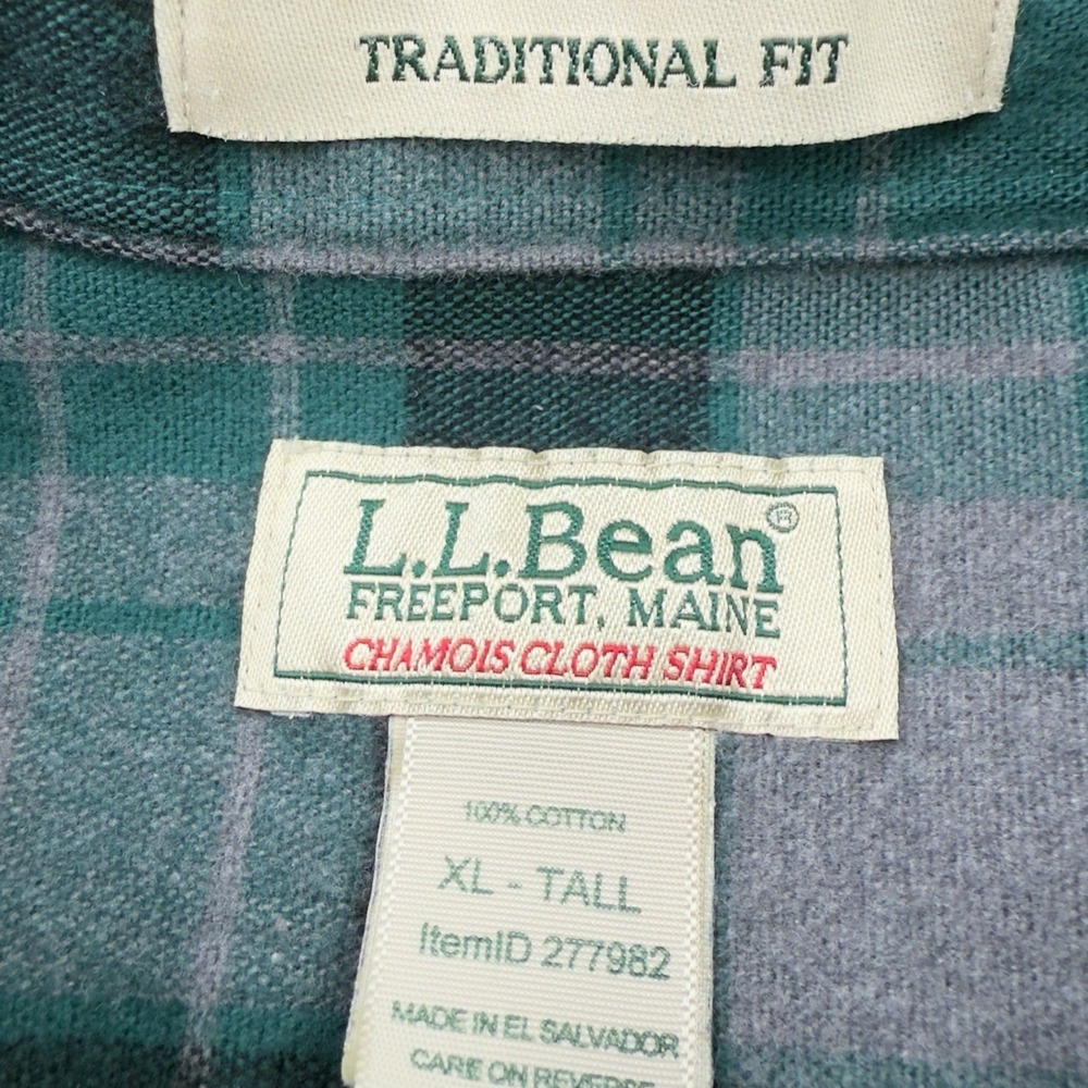 LL Bean Chamois Cloth Plaid Button Up Shirt Green Black Gray Cotton Mens XL Tall - Picture 4 of 5